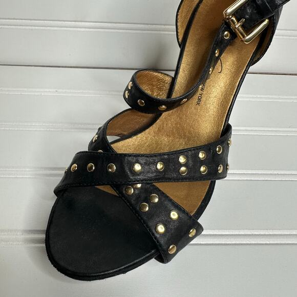 Kenneth Cole NY genuine leather black strappy heels studs buckle gold‎ - Picture 4 of 10